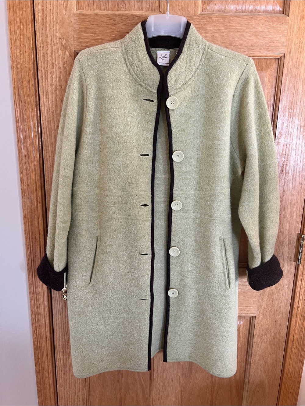 Stunning Emma James Pale Green Wool Coat with Dark Brown Contrast Trim - Large